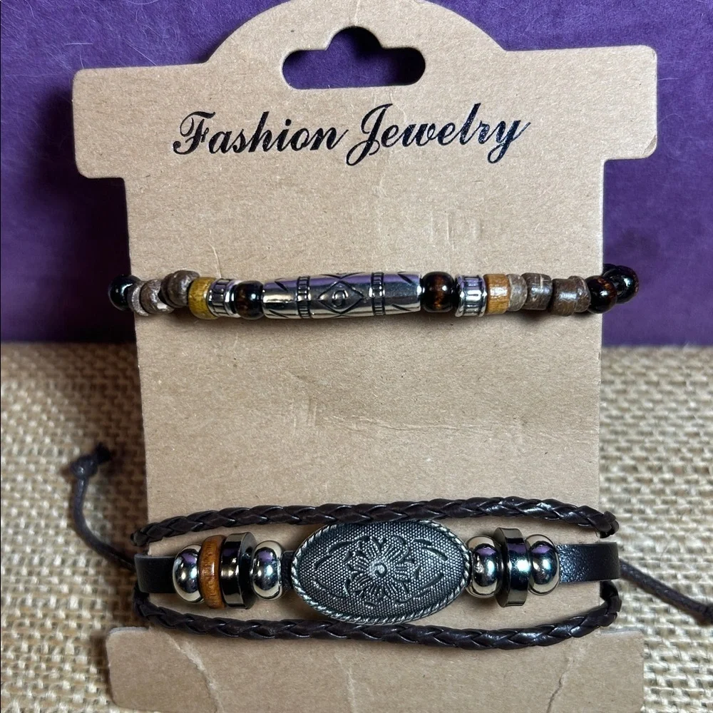 Chic Beaded & Braided Leather Bracelet with Beads & Flower Pendant Bundle (H)